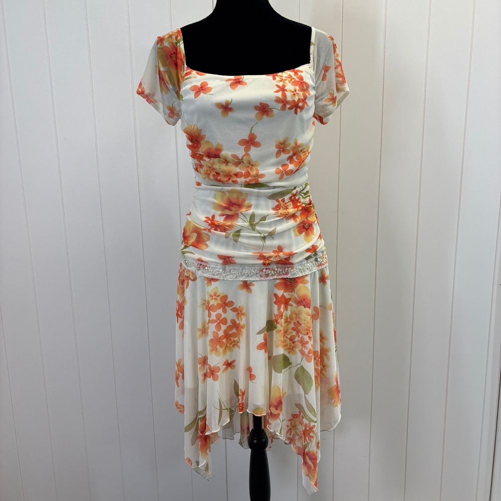 Y2K Jodi Kristopher Fairy Floral Handkerchief Hem Dress Size L Cottage Whimsical
